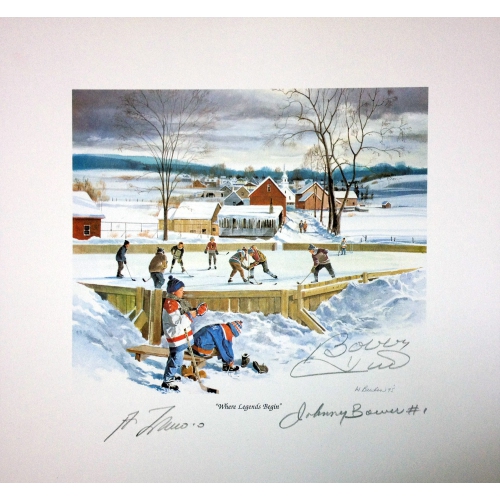 AUTOGRAPH AUTHENTIC  Where Legends Begin Litho, Signed By Bower, Hull And Lafleur (10" By 10")
