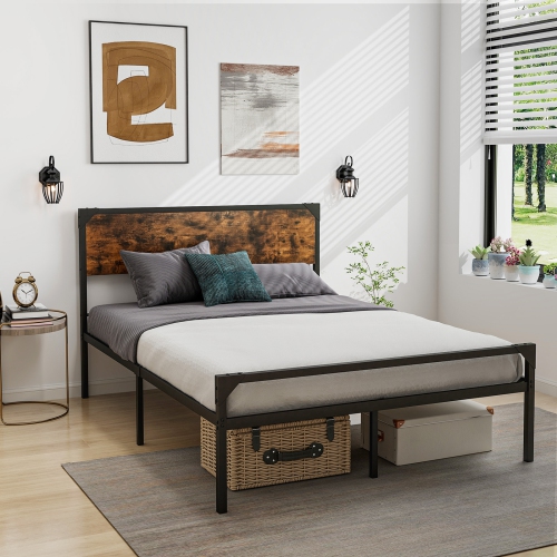 Costway Platform Queen/Full Bed with Rustic Headboard & Footboard Strong Metal Slat Support