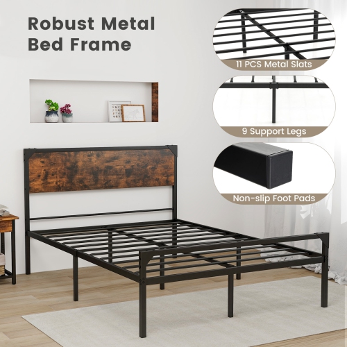 Costway Platform Queen/Full Bed with Rustic Headboard & Footboard Strong Metal Slat Support