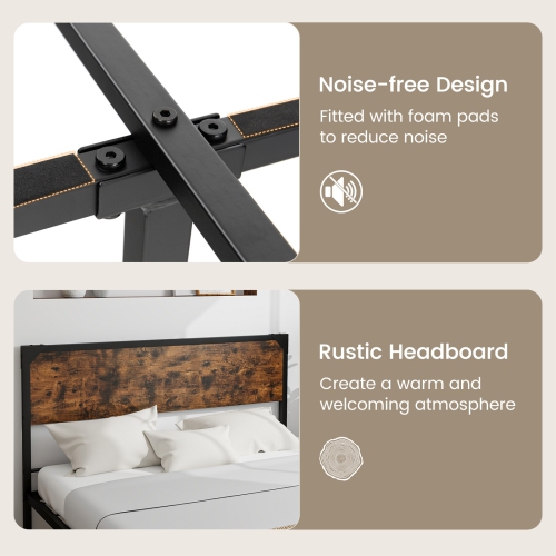 Costway Platform Queen/Full Bed with Rustic Headboard & Footboard Strong Metal Slat Support