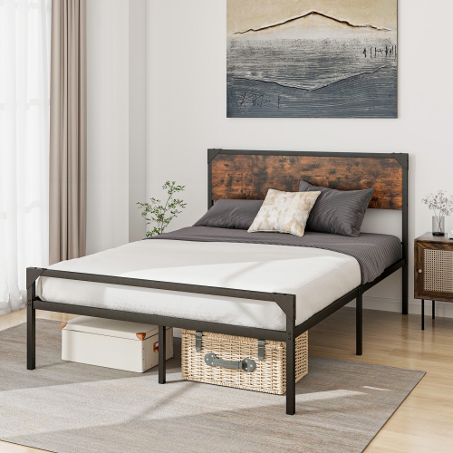 Costway Platform Queen/Full Bed with Rustic Headboard & Footboard Strong Metal Slat Support