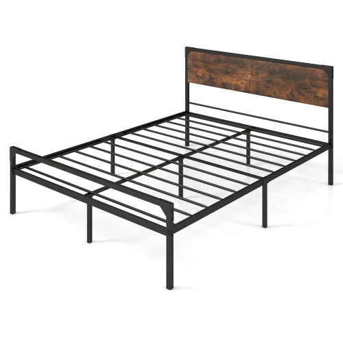 COSTWAY  Platform Queen/full Bed With Rustic Headboard & Footboard Strong Metal Slat Support