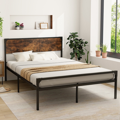 Costway Platform Queen/Full Bed with Rustic Headboard & Footboard Strong Metal Slat Support