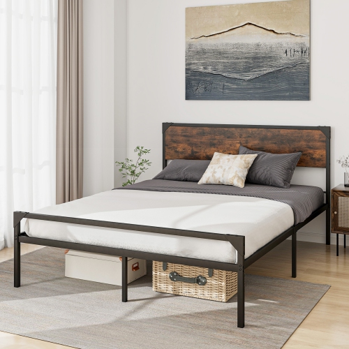 Costway Platform Queen/Full Bed with Rustic Headboard & Footboard Strong Metal Slat Support