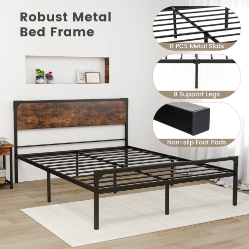 Costway Platform Queen/Full Bed with Rustic Headboard & Footboard Strong Metal Slat Support