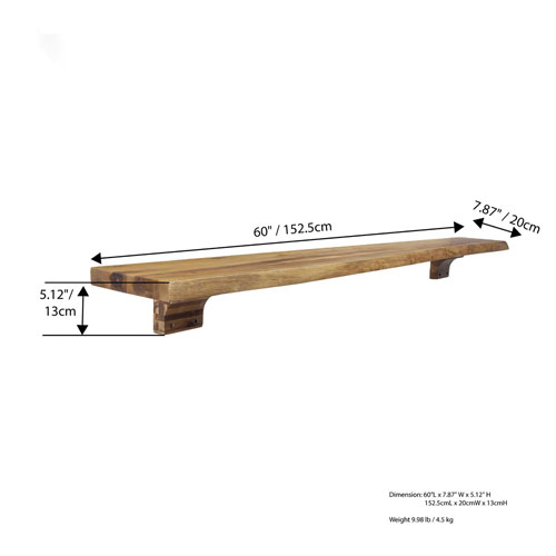 Tablette de foyer de 60 po Live Edge avec corbeaux en bois - Brun
