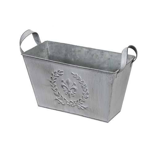 Embossed White Metal Planter With Handle