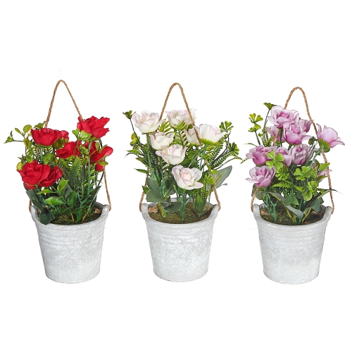 Artificial Roses In Cement Hanging Pot - Set of 3