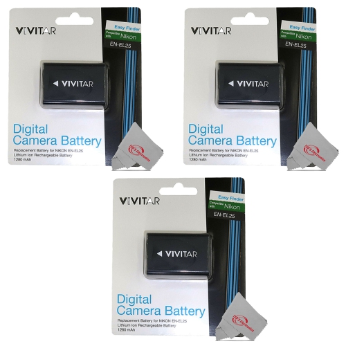 Batterie rechargeable au lithium-ion de remplacement en-EL25 de 1500 mAh de Vivitar pour Z50 ZFC de Nikon - Paquet de 3