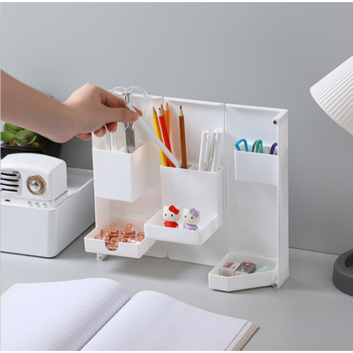 Plastic Desktop Foldable Adjustable Stationery Holder Desk Organizer Storage For Home Office School , White - Moustache®