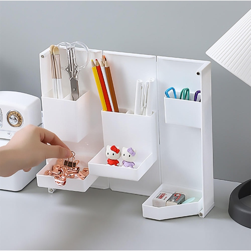 Plastic Desktop Foldable Adjustable Stationery Holder Desk Organizer Storage For Home Office School , White - Moustache®