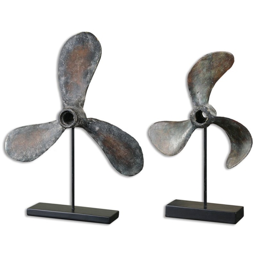 BOWERY HILL  Contemporary Metal Rust Propeller Sculptures In (Set Of 2) In Black