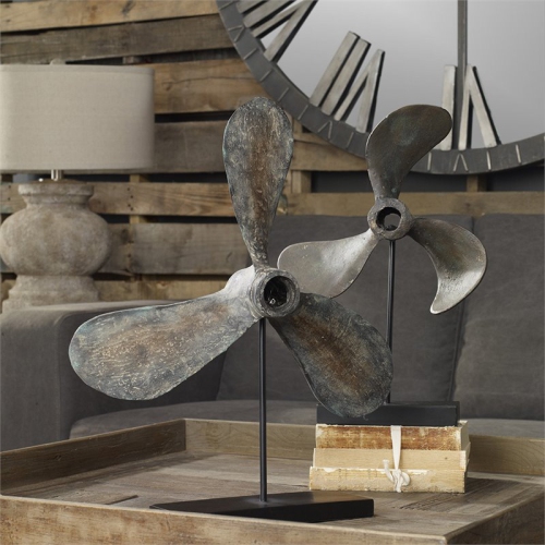 Bowery Hill Contemporary Metal Rust Propeller Sculptures in Black