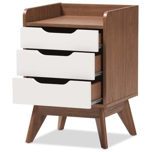 Bowery Hill Contemporary 3 Drawer Nightstand in White and Walnut