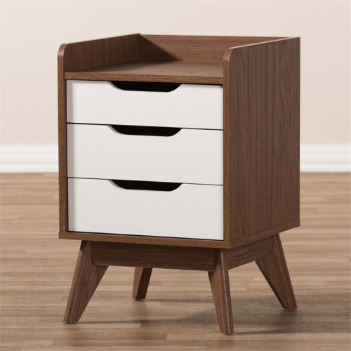 Bowery Hill Contemporary 3 Drawer Nightstand in White and Walnut