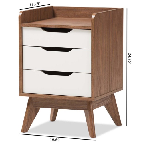 Bowery Hill Contemporary 3 Drawer Nightstand in White and Walnut