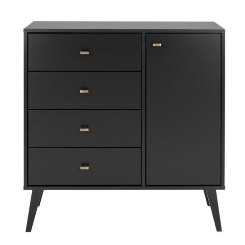 Prepac Milo Mid Century Modern 4-Drawer Chest with Door in Black