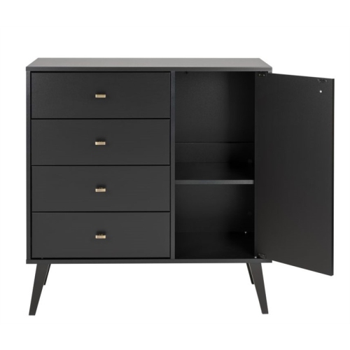 Prepac Milo Mid Century Modern 4-Drawer Chest with Door in Black
