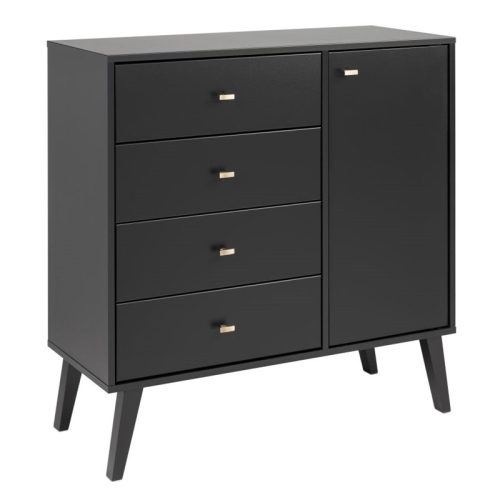 Prepac Milo Mid Century Modern 4-Drawer Chest with Door in Black