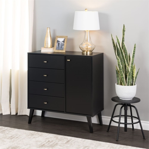 Prepac Milo Mid Century Modern 4-Drawer Chest with Door in Black