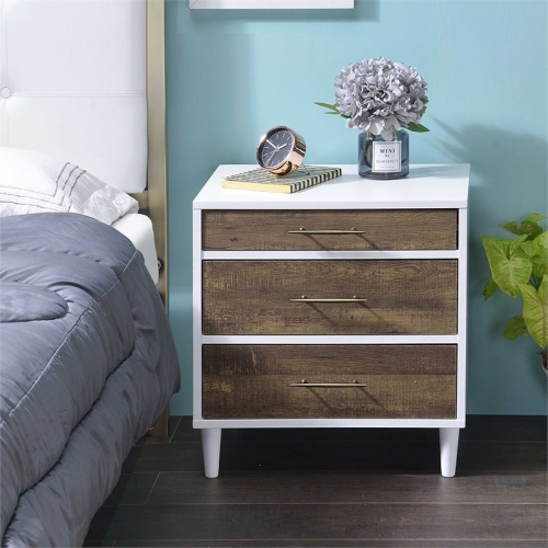 Bowery Hill Contemporary 3 Drawer Nightstand in White and Weathered Oak