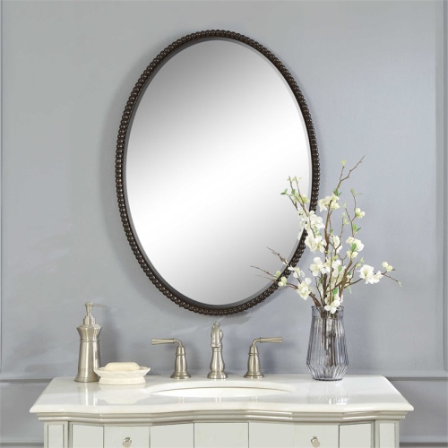 Beaumont Lane Beaded Metal Oval Wall Mirror in Light Distressed Bronze