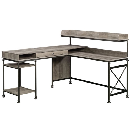 Pemberly Row Wood and Metal L-Shape Computer Desk in Oak