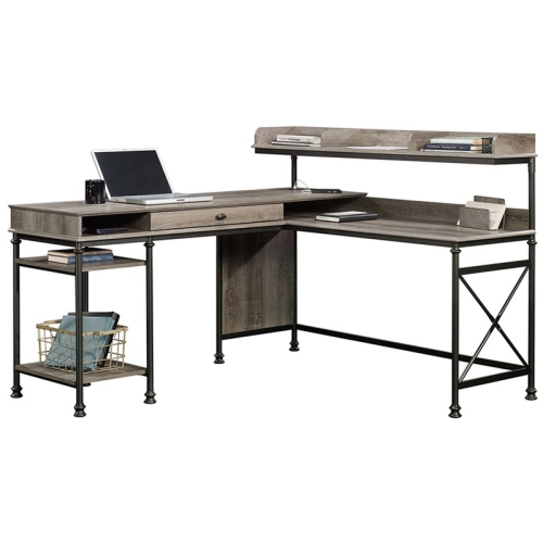 Pemberly Row Wood and Metal L-Shape Computer Desk in Oak