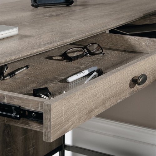 Pemberly Row Wood and Metal L-Shape Computer Desk in Oak