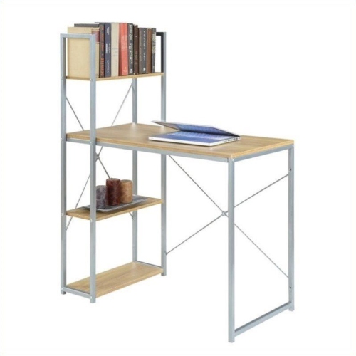 Pemberly Row Office Work Station with Shelves in Off White Light Oak