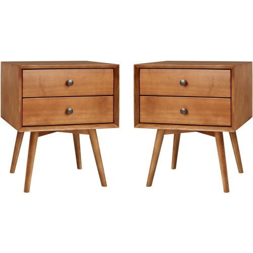 WALKER  Mid Century Modern 2-Piece Solid Wood Bedroom Nightstand Set In Caramel