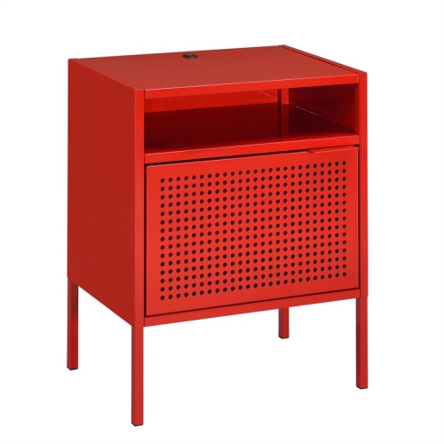 Bowery Hill Open Metal Shelf Nightstand with USB Port in Red