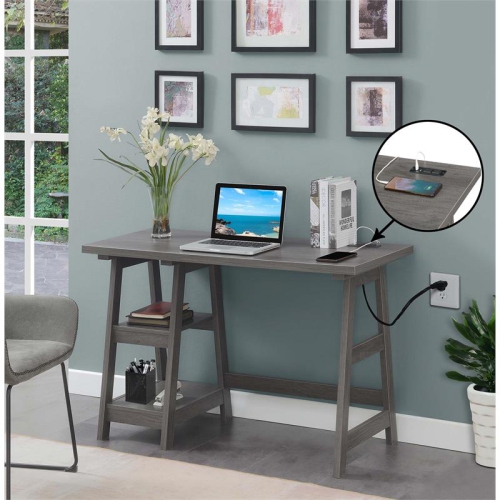 Convenience Concepts Designs2Go Trestle Desk with Charging Station in Gray Wood