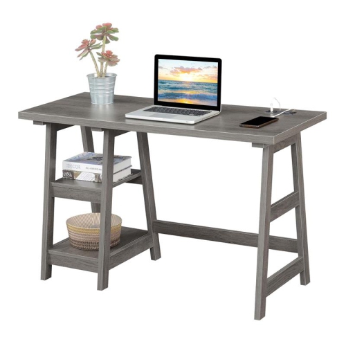 Convenience Concepts Designs2Go Trestle Desk with Charging Station in Gray Wood