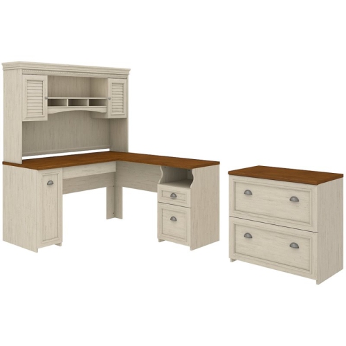 BUSH  Fairview L Desk With Hutch And File Cabinet In Antique - Engineered Wood In White 60W L Shaped Desk With Hutch And Lateral File