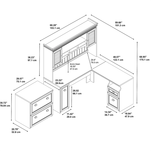 Fairview L Desk with Hutch and File Cabinet in Antique White - Engineered Wood