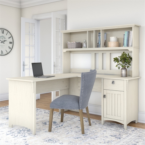 Bush Furniture Salinas L Shaped Desk with Hutch in Antique White