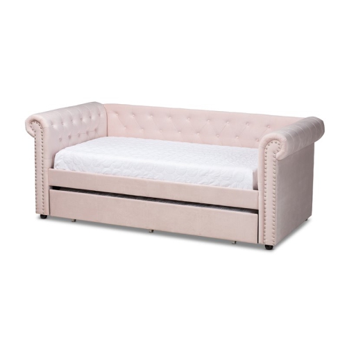 BAXTON STUDIO  Mabelle Velvet And Wood Twin Daybed With Trundle In Light Pink