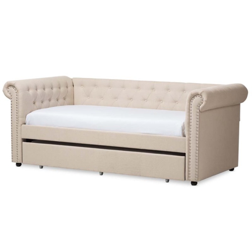 Bowery Hill Contemporary Fabric Daybed with Trundle in Light Beige