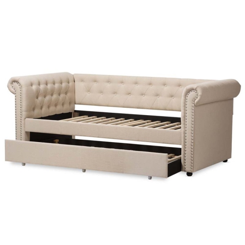 Bowery Hill Contemporary Fabric Daybed with Trundle in Light Beige