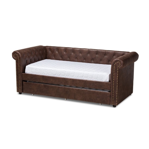BAXTON STUDIO  Mabelle Faux Leather And Wood Twin Daybed With Trundle In In Brown