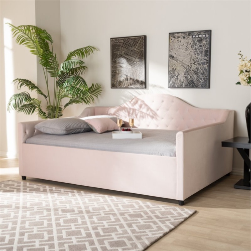 Baxton Studio Perry Contemporary Velvet Upholstered Queen Daybed in Pink