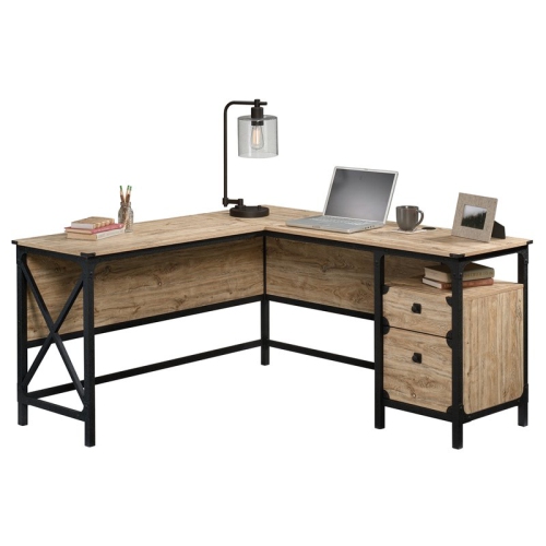 Pemberly Row Engineered Wood and Metal L-Shaped Desk in Milled Mesquite