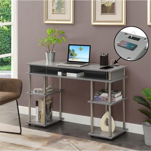 Pemberly Row Student Desk with Charging Station in Gray Wood Finish