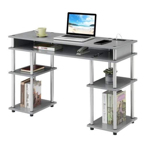 Pemberly Row Student Desk with Charging Station in Gray Wood Finish