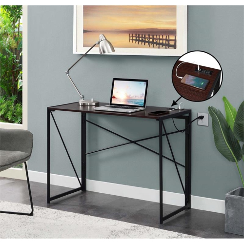 Convenience Concepts Xtra Folding Desk with Charging Station in Espresso Wood