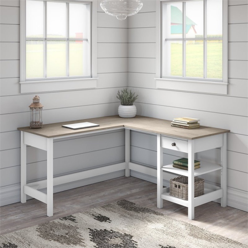 Atlin Designs – Bureau d’ordinateur en forme de 60 po en feuillure grise et blanche