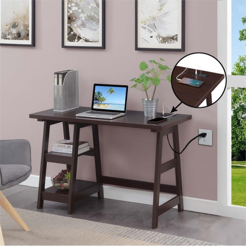 Designs2Go Trestle Desk with Charging Station in Espresso Wood Finish