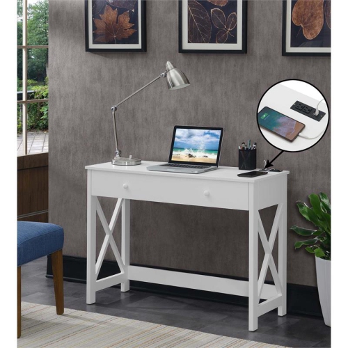 Convenience Concepts Oxford 42-Inch Desk with Charging Station in White Wood