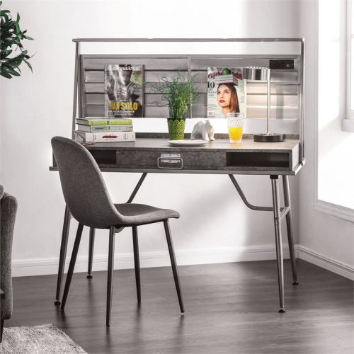 Furniture of America Jairo Industrial Metal 2-Shelf Desk with USB in Silver